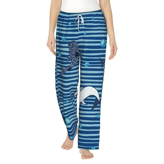 Daiia Sharks on White Blue Striped Women's Sleep Pant with Pockets and Drawstring,Pajama Pants-Small