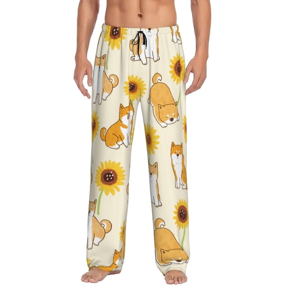 Daiia Shiba Inu Dog and Sunflower Men's Sleep Pant with Pockets and Drawstring,Pajama Pants-Large
