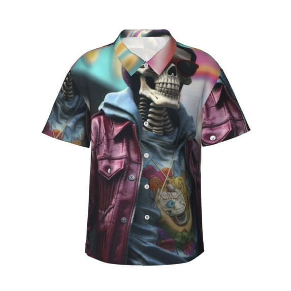Daiia Skeleton Cool Street Fashion Hawaiian Shirt for Men Gentle Cotton Regular Short Sleeve Casual-3X-Large