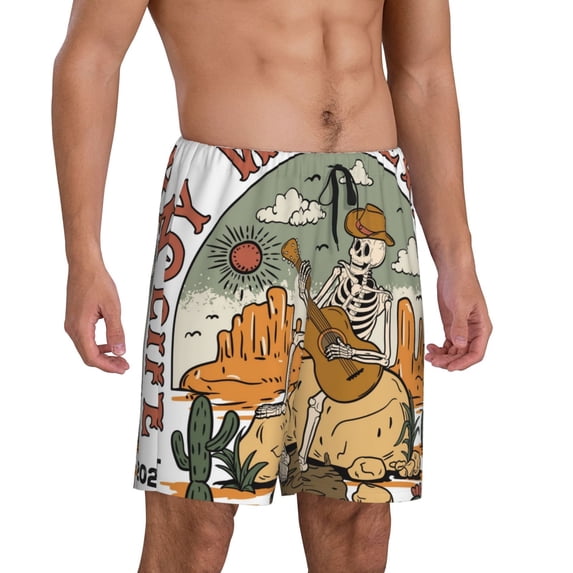 Daiia Skeleton Cowboy And Guitar Mens Woven Stretch Pajama Short,Short Pajama Pants-Large