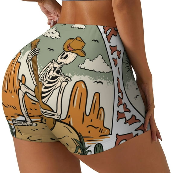 Daiia Skeleton Cowboy And Guitar Pattern Women's Workout Shorts Biker Shorts - High Waisted Workout Spandex Tummy Control Gym Running Yoga Shorts-Medium