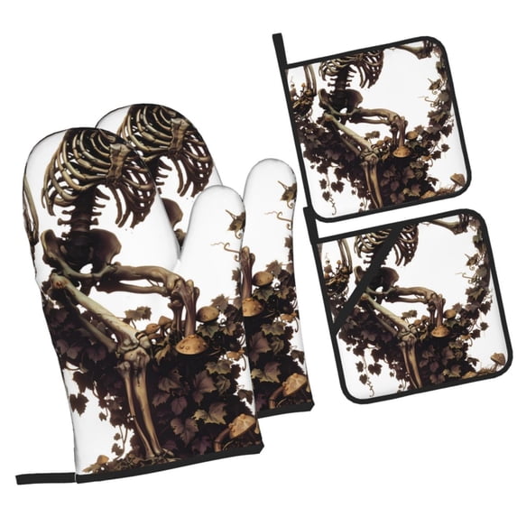 Daiia Skeleton Dance with Mushrooms Pattern Oven Mitts and Pot Holders 4 pcs Set,High Heat Resistant 500 Degree Extra Thicken Long Kitchen Cotton Oven Glove