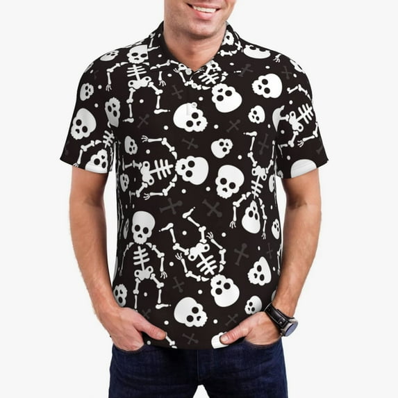 Daiia Skeleton Pattern Men’s Polo Shirts,Solid Deck Shirt,Classic Fit, Breathable Cotton Polo for Casual and Sport Wear-XX-Large