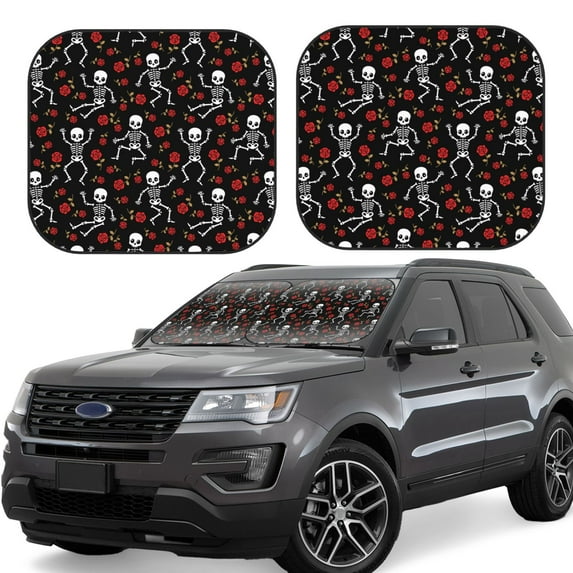 Daiia Skeleton with Roses 2PCS Car Windshield Sun Shade, Foldable Sun Shield for Car Front Window, Auto Sun Blocker Visor Protector Universal for Truck SUV Pickup-Large