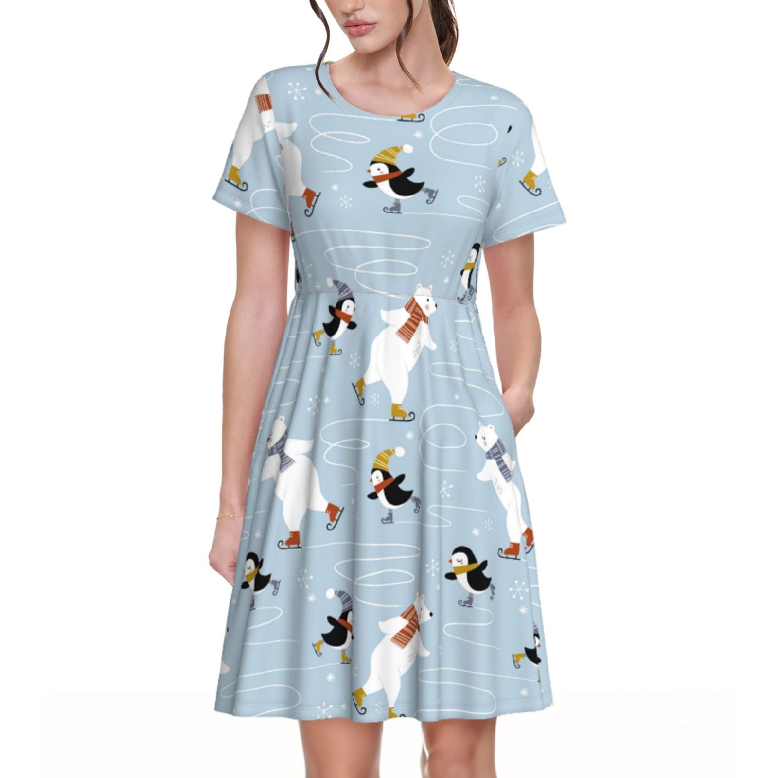 Daiia Skiing penguin Bear Print Women's Dresses 2025 Trendy Short ...