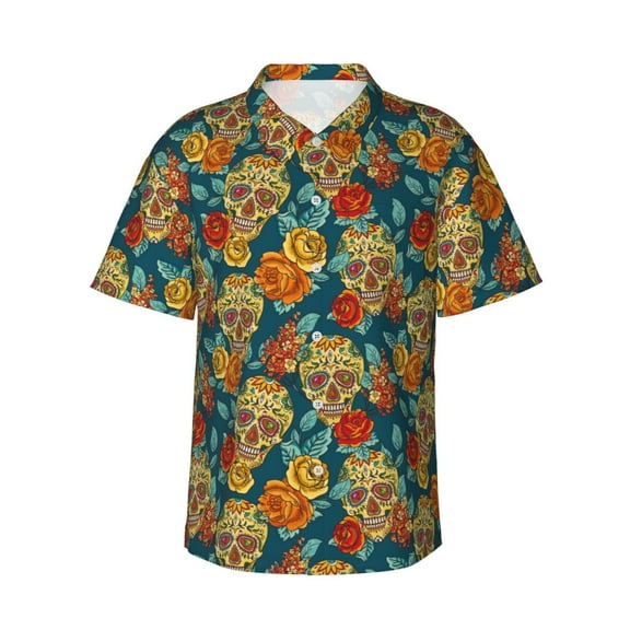 Daiia Skull And Flowers Hawaiian Shirt for Men Gentle Cotton Regular Short Sleeve Casual-Medium