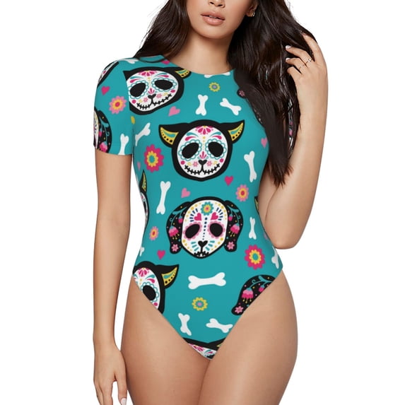 Daiia Skull Cat print Women's Crew Neck Short Sleeve Bodysuit Fashion Tops Fit Casual Basic Extender Bodysuit-XX-Large