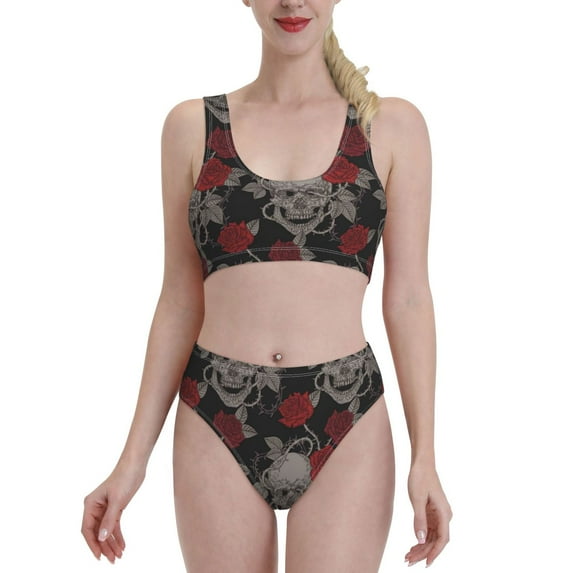 Daiia Skull and Red Roses printed 2 piece Swimsuit Bikinis for Women High Waisted Racerback Bathing Suits Summer Tummy Control Scoop Neck Swimwear-Medium