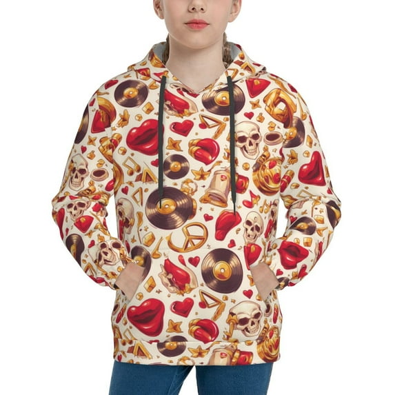 Daiia Skull Retro record lips for Boys Fashion Hoodies & Sweatshirts with Kangaroo Pocket,Hooded Sweatshirt for Kid, Breathable& Moisture Wicking-Medium