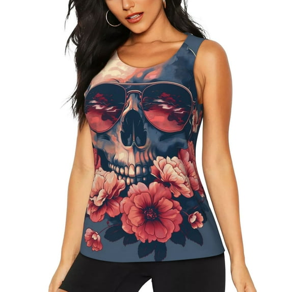 Daiia Skull With Roses And Sunglasses Printed Womens Workout Tops for Women Quick-dry Tank Tops Mesh Yoga Shirts Athletic Running Tank Tops Sleeveless Gym Clothes-X-Large