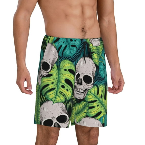 Daiia Skull and Palm Leaves Mens Woven Stretch Pajama Short,Short Pajama Pants-X-Large