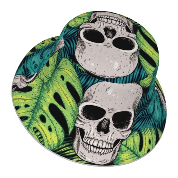 Daiia Skull and Palm Leaves Pattern Bucket Hat - Trendy Cotton Sun Hat for Beach, Golf, Fishing - Fun Outdoor Vacation Boonie for Men and Women
