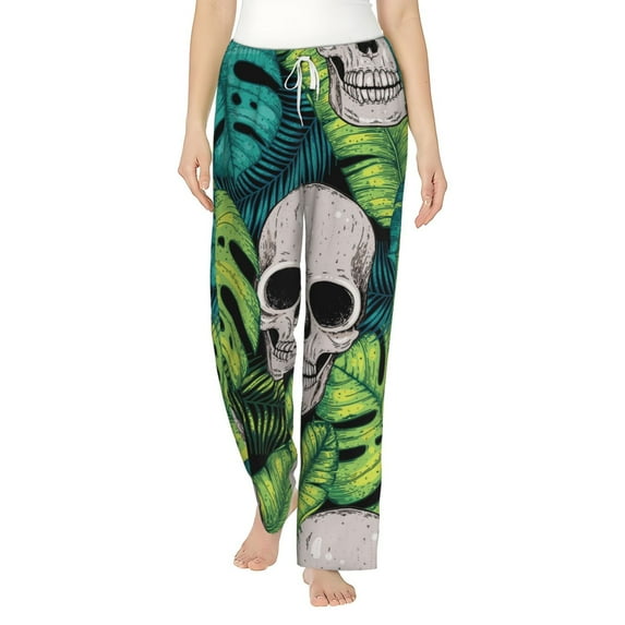 Daiia Skull and Palm Leaves Women's Sleep Pant with Pockets and Drawstring,Pajama Pants-XX-Large