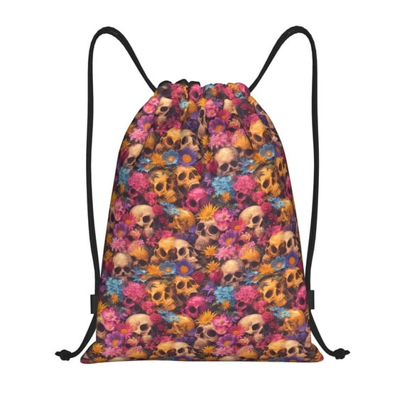 Daiia Skull blue daisy flower Pattern Drawstring Backpack, Gym Bag, Lightweight Backpack, Water-Resistant Bag Travel Sports Backpack, Fitness Bag, Yoga Bag-Medium