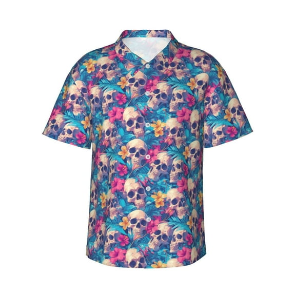 Daiia Skull blue leaf Hawaiian Shirt for Men Gentle Cotton Regular Short Sleeve Casual-Small