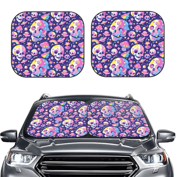 Daiia Skull colorful mushroom 2PCS Car Windshield Sun Shade, Foldable Sun Shield for Car Front Window, Auto Sun Blocker Visor Protector Universal for Truck SUV Pickup-Medium