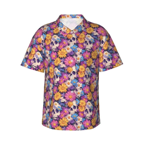 Daiia Skull daisy flower Hawaiian Shirt for Men Gentle Cotton Regular Short Sleeve Casual-XX-Large