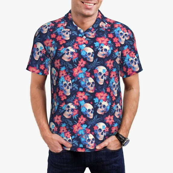 Daiia Skull flower blue Pattern Men’s Polo Shirts,Solid Deck Shirt,Classic Fit, Breathable Cotton Polo for Casual and Sport Wear-Medium