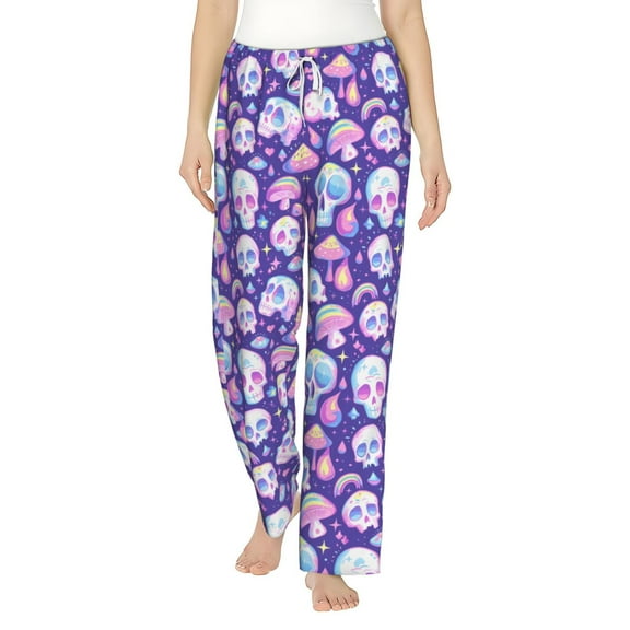 Daiia Skull mushroom colorful Women's Sleep Pant with Pockets and Drawstring,Pajama Pants-Large