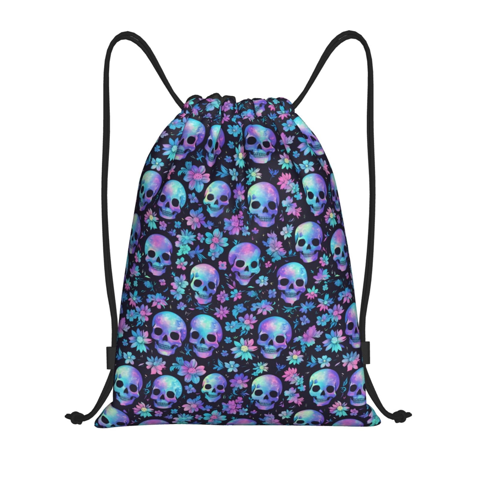 Purple String Backpack Daiia Skull purple flower Pattern Drawstring Backpack, Gym Bag ...