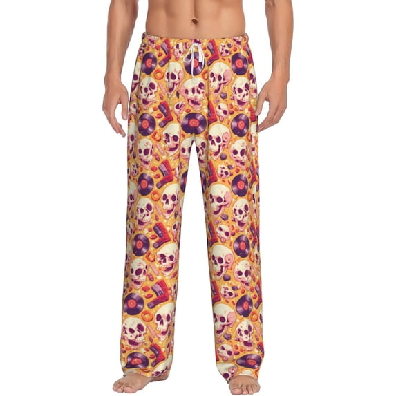 Daiia Skull rock record Men's Sleep Pant with Pockets and Drawstring,Pajama Pants-X-Large