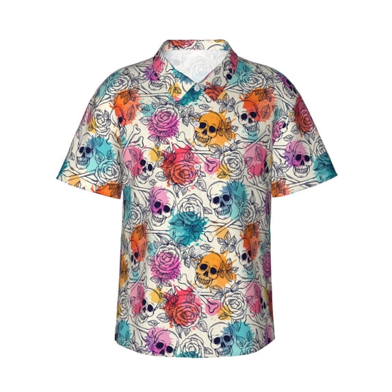 Daiia Skulls and Roses Hawaiian Shirt for Men Gentle Cotton Regular Short Sleeve Casual-3X-Large