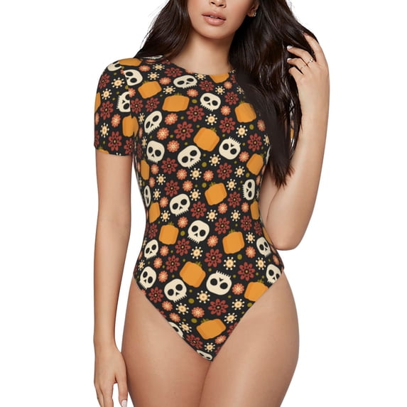 Daiia Skulls print Women's Crew Neck Short Sleeve Bodysuit Fashion Tops Fit Casual Basic Extender Bodysuit-XX-Large