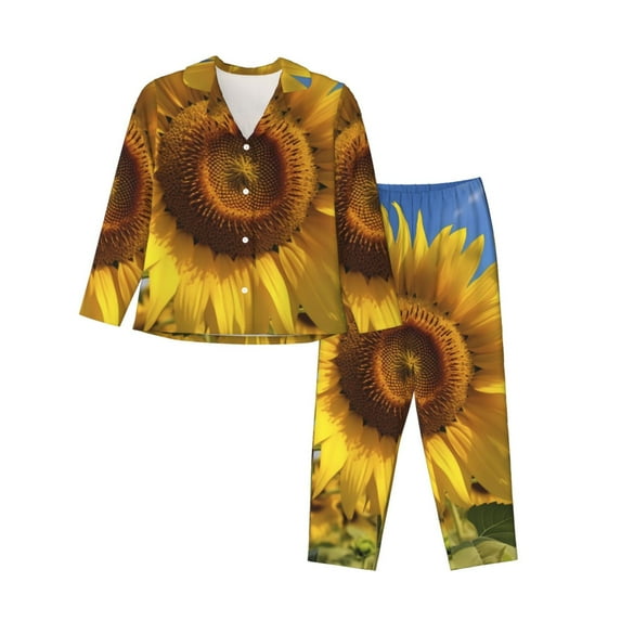 Daiia Sky Golden Sunflower Field A for Women's Long-Sleeved Pajama Set – Soft & Comfortable Sleepwear Button-Up Pajamas Cozy Lounge Wear-XX-Large