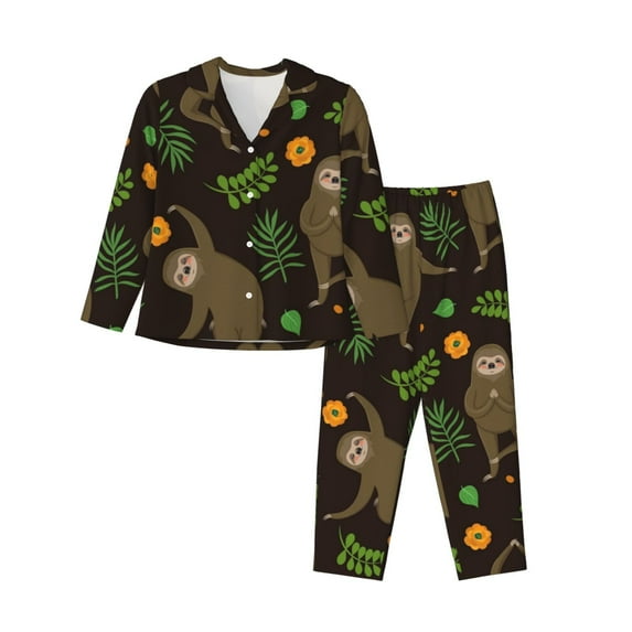 Daiia Sloth Doing Yoga for Women's Long-Sleeved Pajama Set – Soft & Comfortable Sleepwear Button-Up Pajamas Cozy Lounge Wear-Small