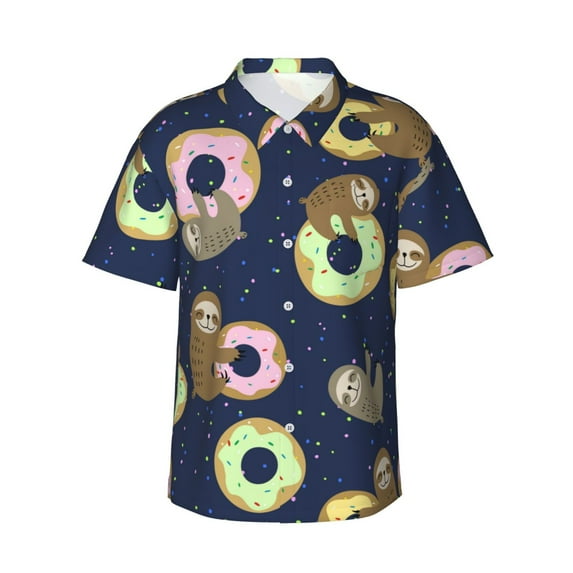 Daiia Sloth with Donuts Hawaiian Shirt for Men Gentle Cotton Regular Short Sleeve Casual-Large