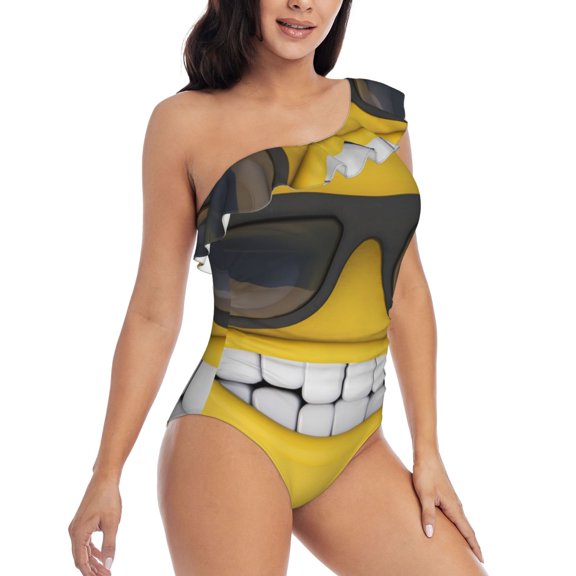 Daiia Smiling With Sunglasses Women's One Piece Swimsuits Personalized One Shoulder Swimwear Asymmetric Ruffle Bathing Suits-Large