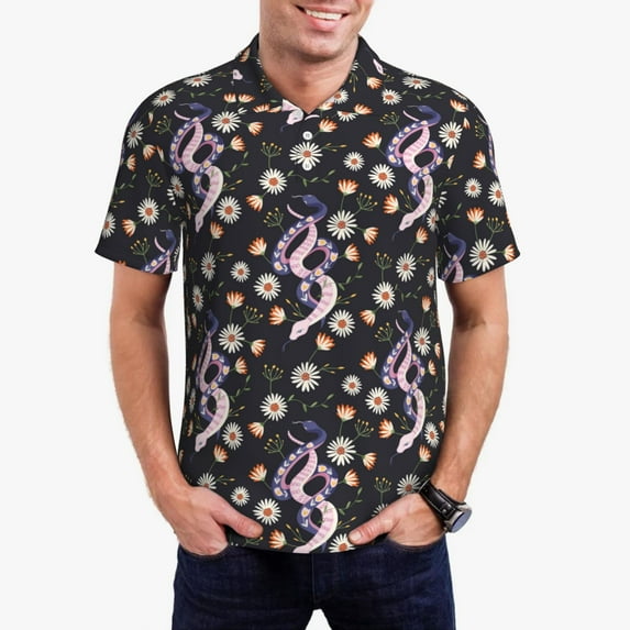 Daiia Snake And Floral1 Pattern Men’s Polo Shirts,Solid Deck Shirt,Classic Fit, Breathable Cotton Polo for Casual and Sport Wear-X-Large