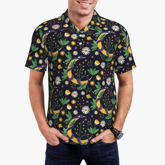 Daiia Snake And Flower Pattern Men’s Polo Shirts,Solid Deck Shirt,Classic Fit, Breathable Cotton Polo for Casual and Sport Wear-Large
