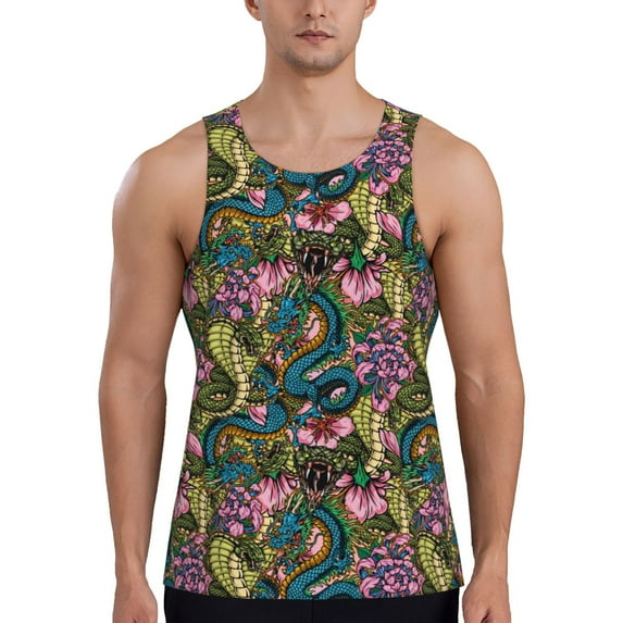 Daiia Snake And Flower Printed Men's Quick Dry Fit Muscle Tank Top Slim-Fit Tank Workout Tank Top Lightweight Sports Tank Top-