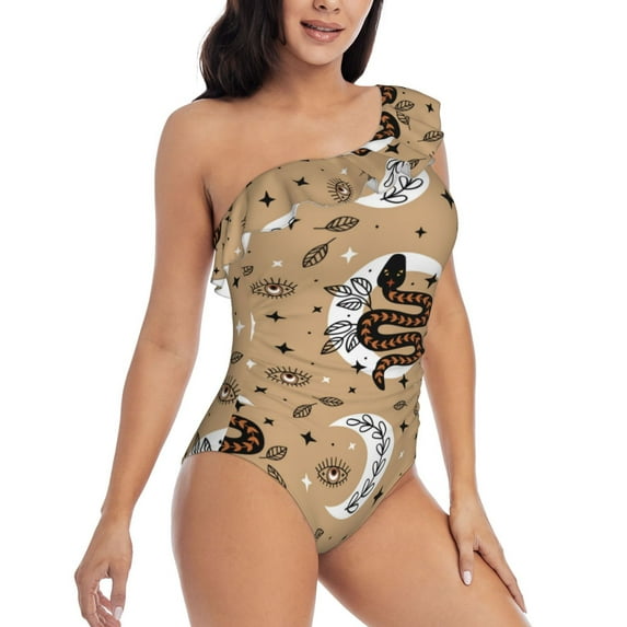Daiia Snake And Flower Women's One Piece Swimsuits Personalized One Shoulder Swimwear Asymmetric Ruffle Bathing Suits-Medium
