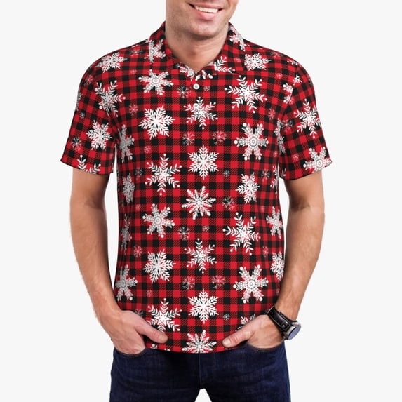 Daiia Snowflake red plaid Pattern Men’s Polo Shirts,Solid Deck Shirt,Classic Fit, Breathable Cotton Polo for Casual and Sport Wear-4X-Large