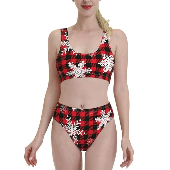 Daiia Snowflakes On A Buffalo Plaid printed 2 piece Swimsuit Bikinis for Women High Waisted Racerback Bathing Suits Summer Tummy Control Scoop Neck Swimwear-XX-Large