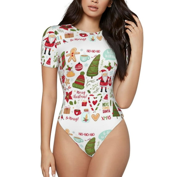 Daiia Snowflakes Santa Claus Women'S Crew Neck Short Sleeve Slim Fit T Shirts Tops Basic Bodysuit Leotard Clothing-Large