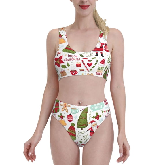 Daiia Snowflakes Santa Claus printed 2 piece Swimsuit Bikinis for Women High Waisted Racerback Bathing Suits Summer Tummy Control Scoop Neck Swimwear-Small