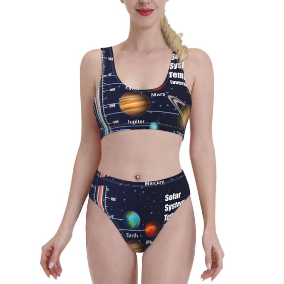 Daiia Solar System printed 2 piece Swimsuit Bikinis for Women High Waisted Racerback Bathing Suits Summer Tummy Control Scoop Neck Swimwear-Medium