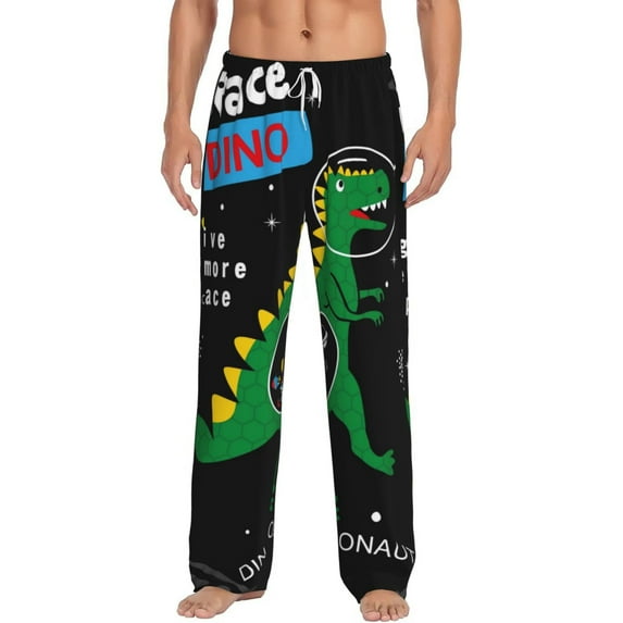 Daiia Space Dino Cartoon Black Men's Sleep Pant with Pockets and Drawstring,Pajama Pants-Large