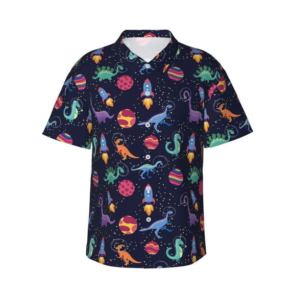 Daiia Space Dinosaur Hawaiian Shirt for Men Gentle Cotton Regular Short Sleeve Casual-Medium