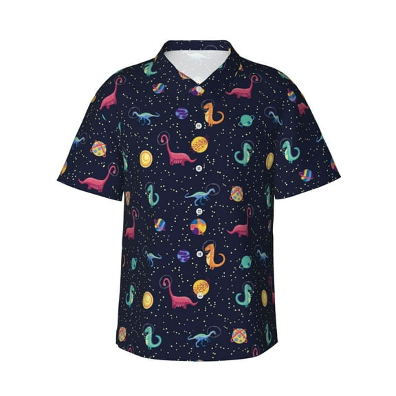 Daiia Space Dinosaur Hawaiian Shirt for Men Gentle Cotton Regular Short Sleeve Casual-Small