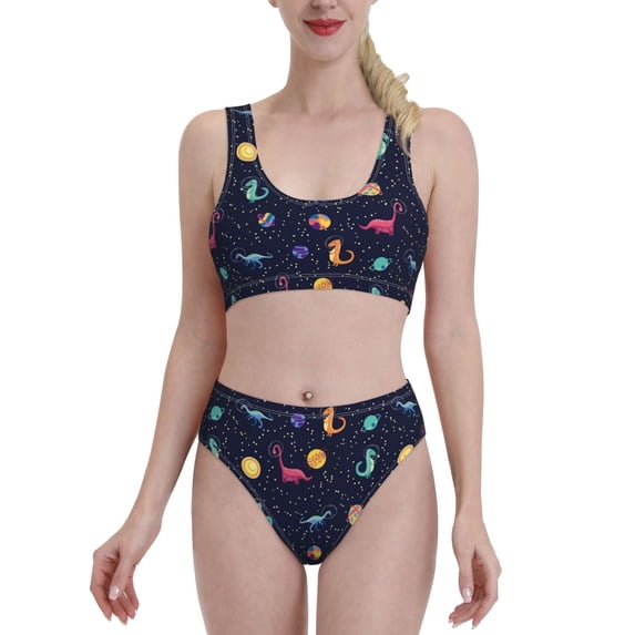 Daiia Space Dinosaur printed 2 piece Swimsuit Bikinis for Women High Waisted Racerback Bathing Suits Summer Tummy Control Scoop Neck Swimwear-Large