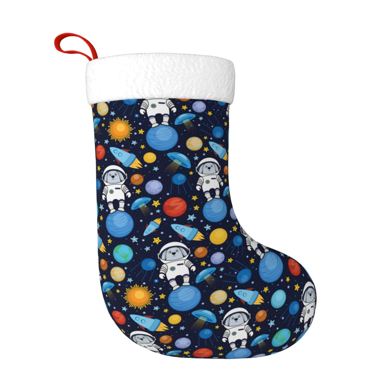 Daiia Space Dog Print Christmas Stocking，18"Large Knitted Xmas Stocking