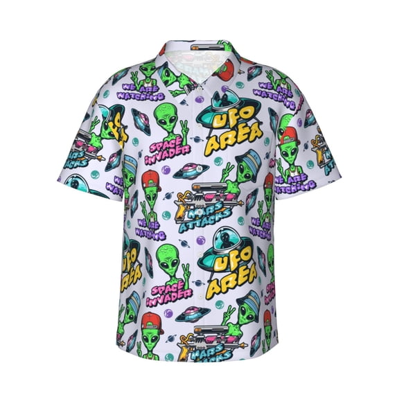 Daiia Space Monster Print Hawaiian Shirt for Men Gentle Cotton Regular Short Sleeve Casual,3X-Large