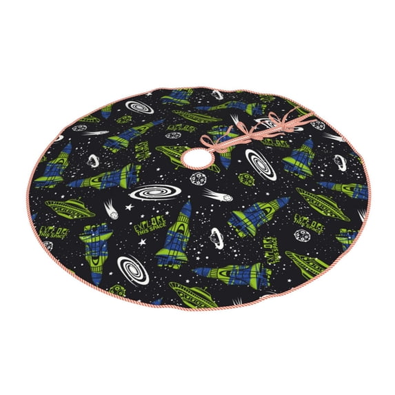 Daiia Space Rockets Drawing Merry Christmas Tree Skirt , Xmas Large Lace-up Tree Skirt, Santa Snowflakes Rustic Home Decorations New Year Party Farmhouse Decor-36"