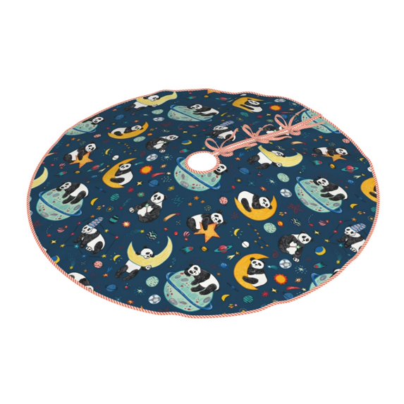 Daiia Space Sleeping Panda Drawing Merry Christmas Tree Skirt , Xmas Large Lace-up Tree Skirt, Santa Snowflakes Rustic Home Decorations New Year Party Farmhouse Decor-36"