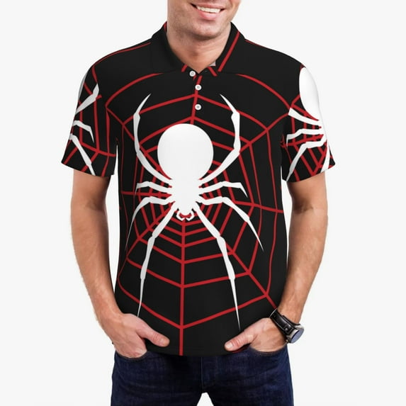 Daiia Spider On The Web Pattern Men’s Polo Shirts,Solid Deck Shirt,Classic Fit, Breathable Cotton Polo for Casual and Sport Wear-Medium