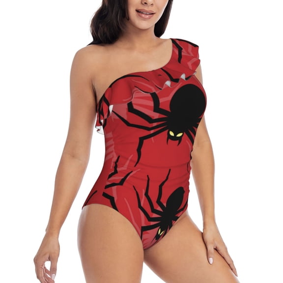 Daiia Spider Women's One Piece Swimsuits Personalized One Shoulder Swimwear Asymmetric Ruffle Bathing Suits-Large